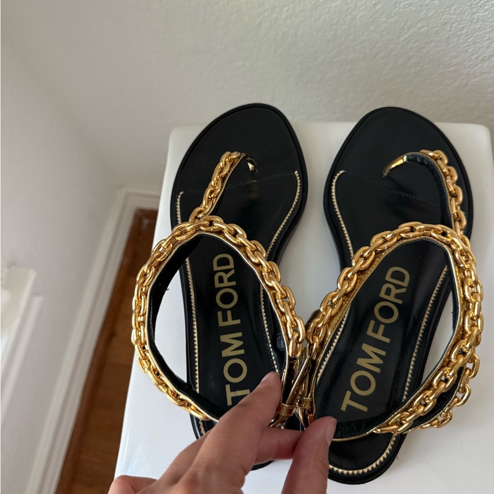 Tom Ford MIRROR LEATHER CURVE CHAIN THONG SANDAL Size 37 - Picture 11 of 14